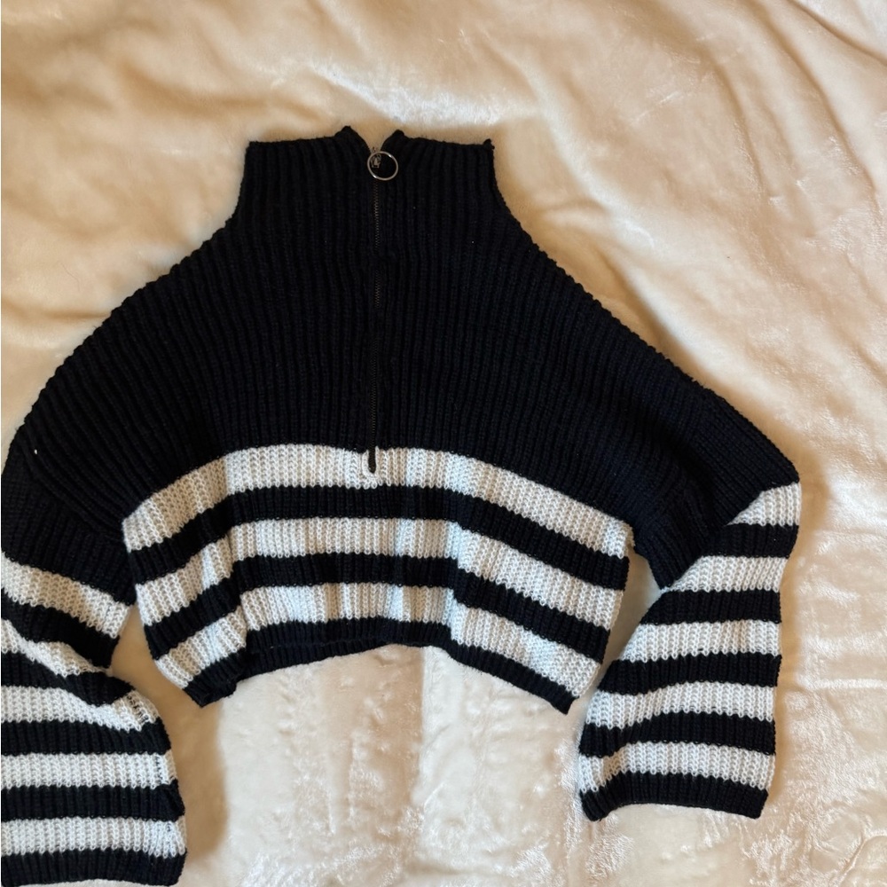 FLIRLA Striped Pattern Half Zip Drop
Shoulder Sweater